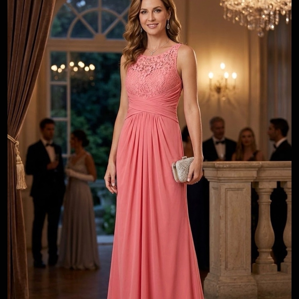 David's Bridal Coral Pink Lace Bodice A-Line Gown
